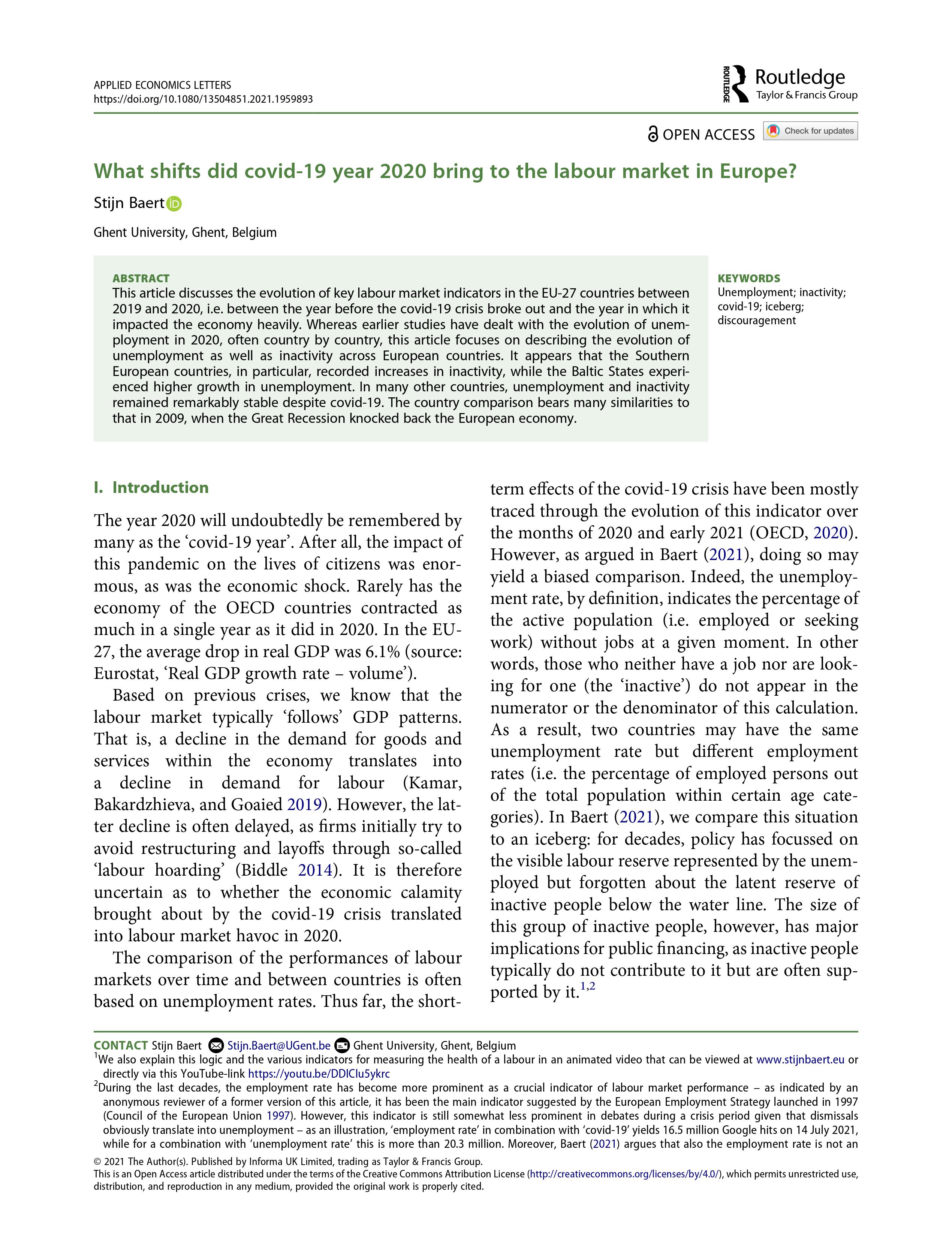 Publicatie in Applied Economics Letters door Stijn Baert.