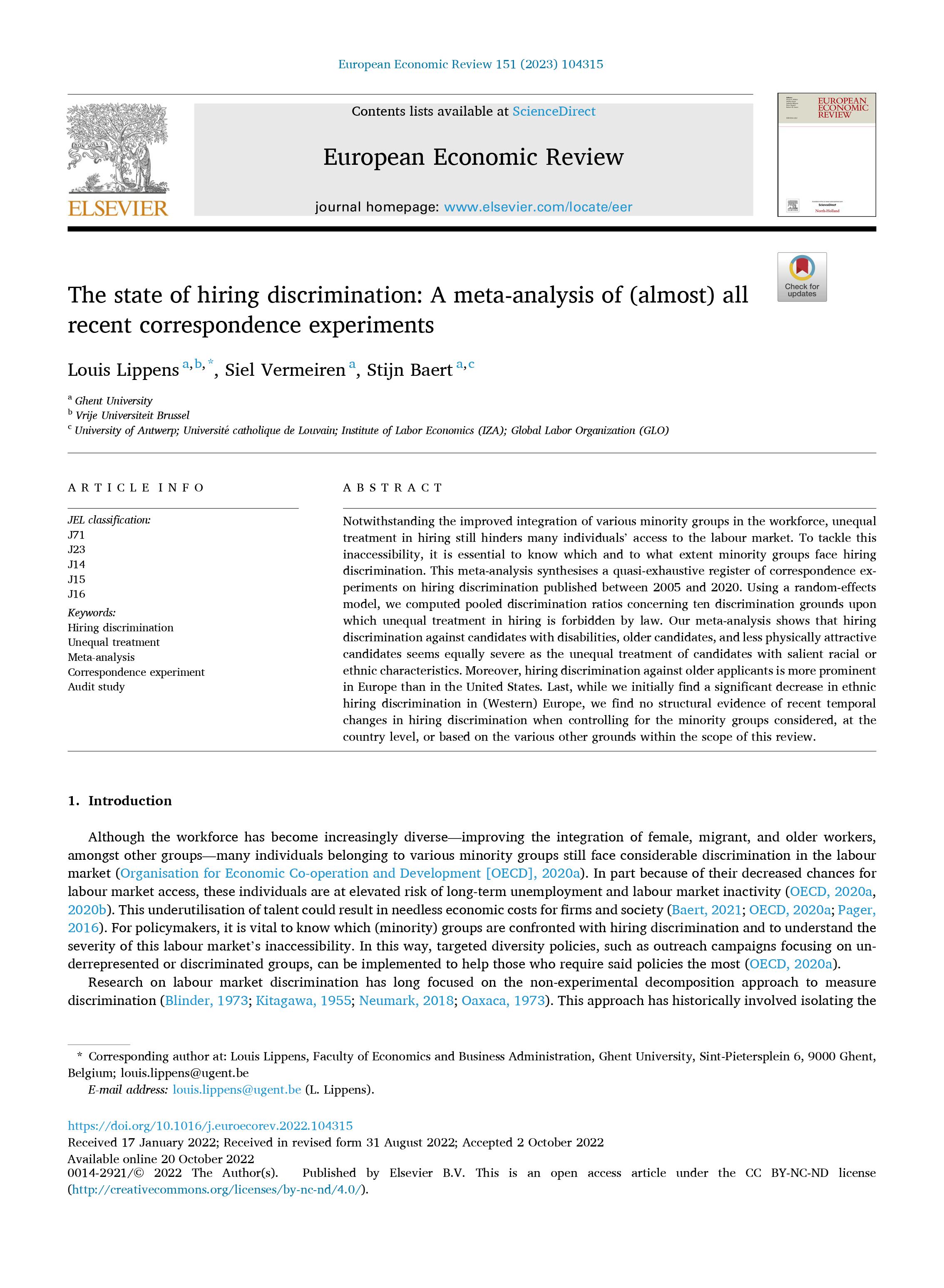 Publicatie in European Economic Review door Louis Lippens, Sil Vermeiren en Stijn Baert.