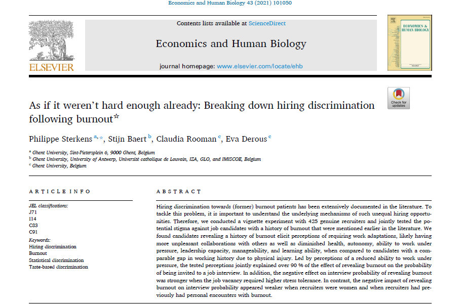 Publicatie in Economics & Human Biology door Stijn Baert.