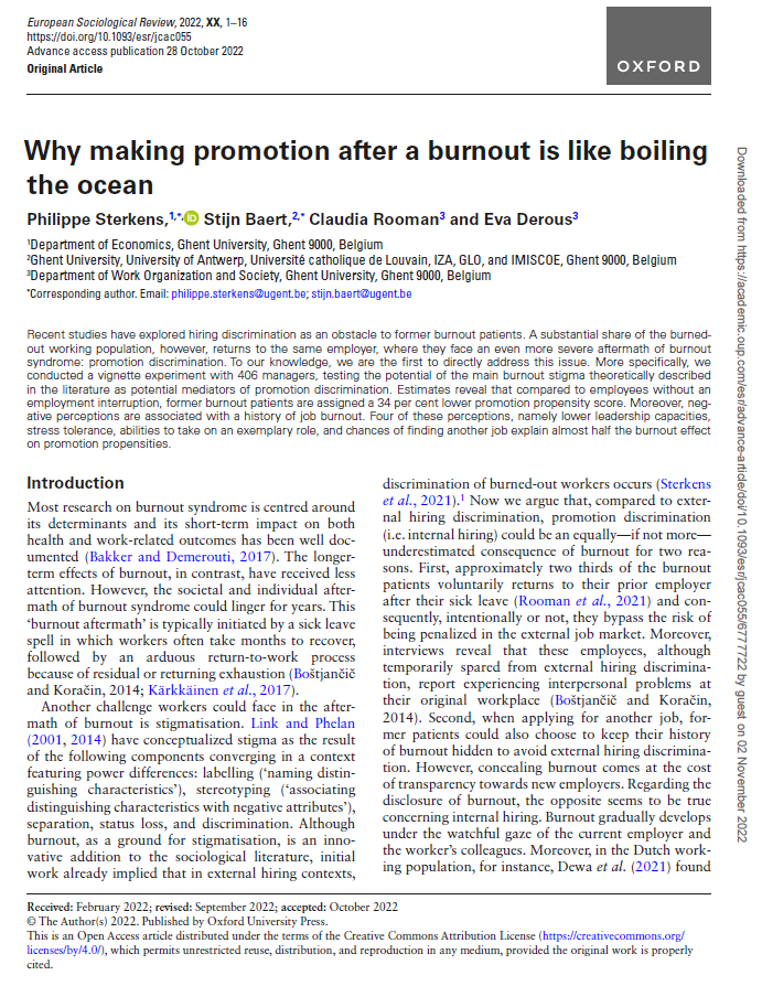 Publicatie in European Sociological Review door Philippe Sterkens, Eva Derous en Stijn Baert.